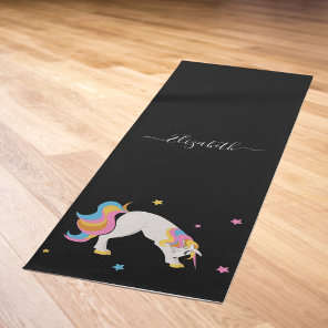 Unicorn yoga poses cute fun name black yoga mat