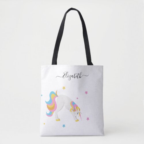 Unicorn yoga poses cute fun white name tote bag