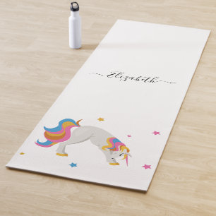 Unicorn yoga poses cute fun white name yoga mat