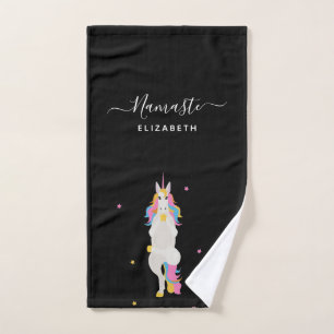 Unicorn yoga poses fun black Namaste name Bath Towel Set