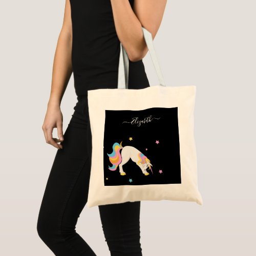 Unicorn yoga poses fun black name tote bag