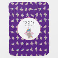 Unicorn Yoga Poses Pattern Custom Girls Name Baby Blanket