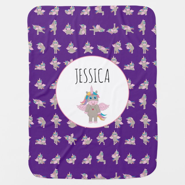 Unicorn Yoga Poses Pattern Custom Girls Name Baby Blanket (Front)