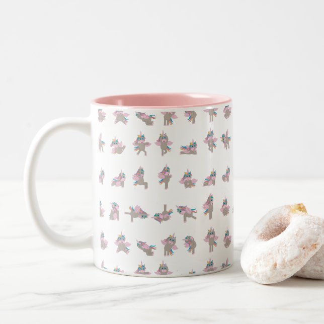 Unicorn Yoga Poses Pattern Design Two-Tone Coffee Mug (With Donut)