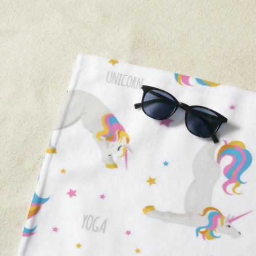 Unicorn yoga white whimsical monogram beach towel