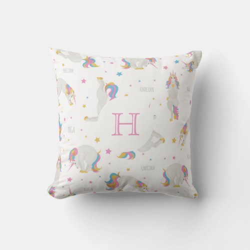 Unicorn yoga white whimsical monogram fun outdoor pillow