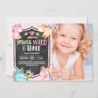 Unicorn Young Wild & Three Birthday Party Photo Invitation