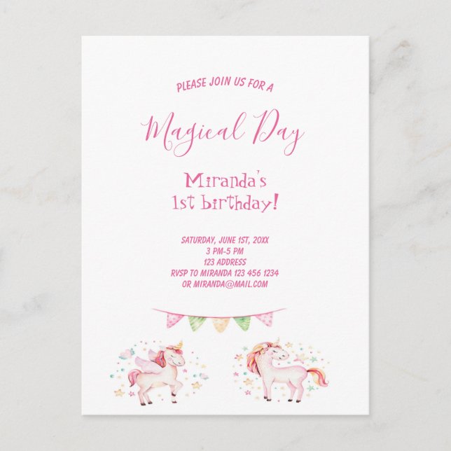 Unicorns 1st birthday party girl invitation postcard (Front)
