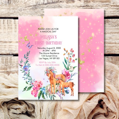 Unicorns and butterflies first birthday invitation