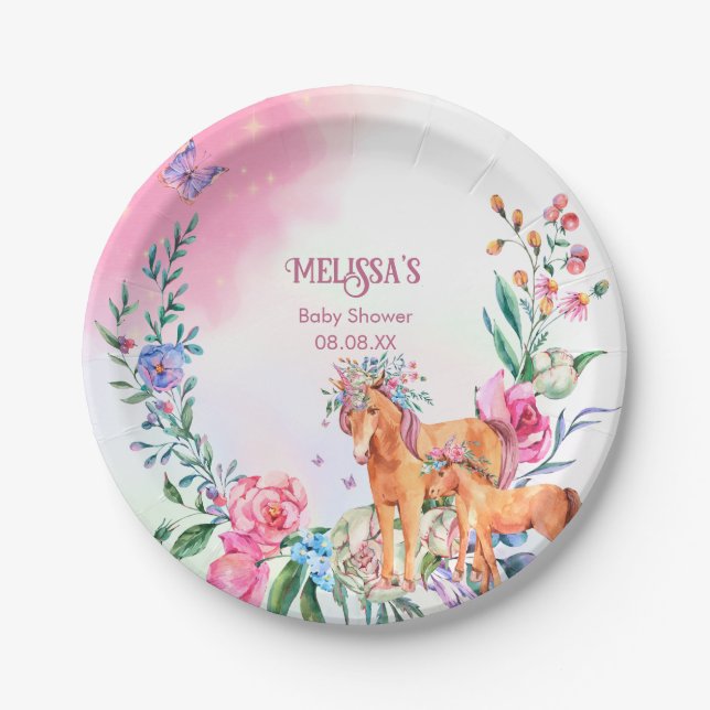 Unicorns and butterflies magical baby shower theme paper plates (Front)