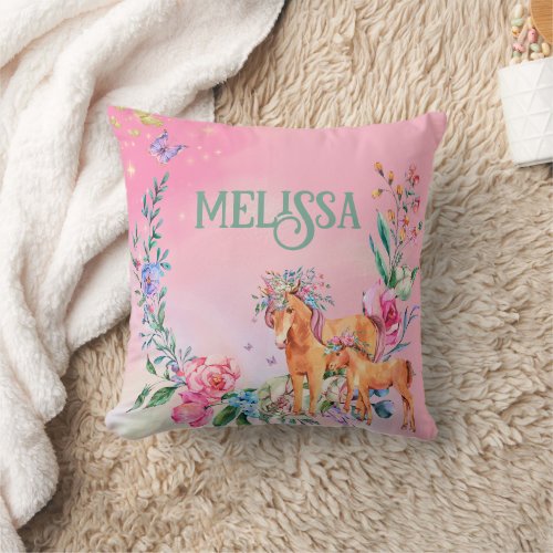 Unicorns and butterflies Pink Pastels Personalized Throw Pillow