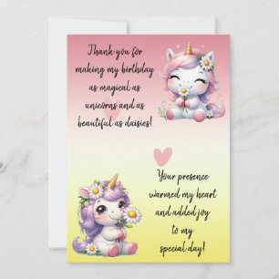 Unicorns and daisies, birthday party Thank You Card