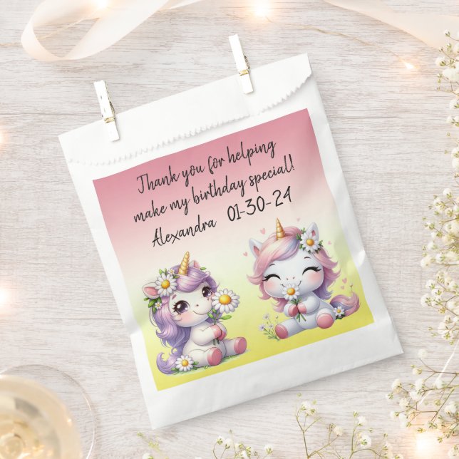 Unicorns and daisies, birthday party thank you favor bag (Clipped)