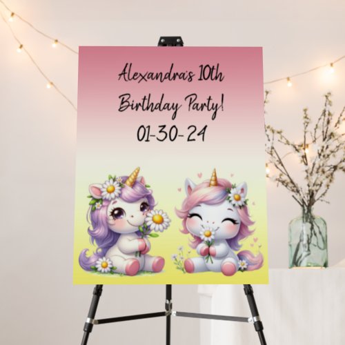 Unicorns and daisies childs birthday party foam board