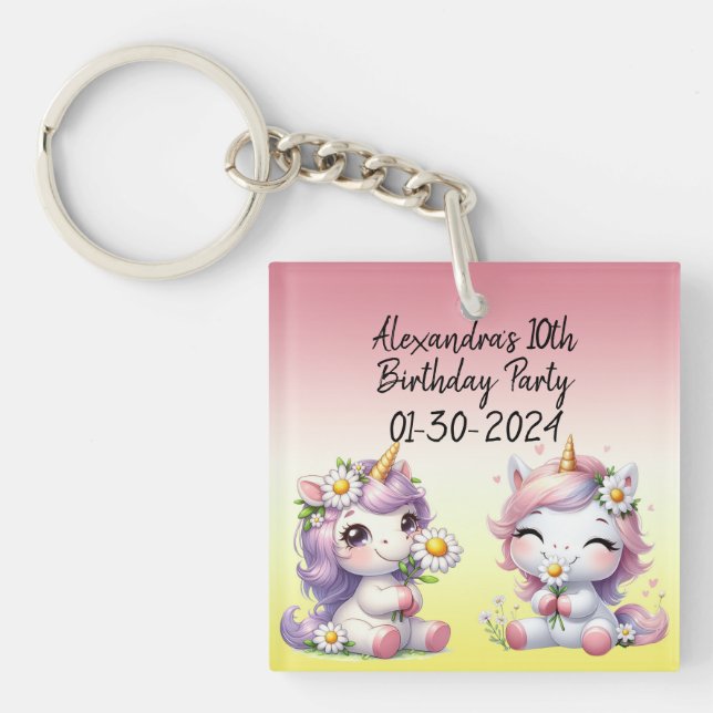 Unicorns and daisies, child's birthday party keychain (Front)