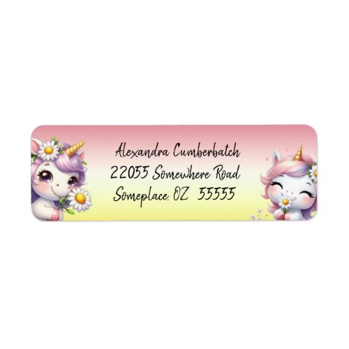 Unicorns and daisies childs birthday party label