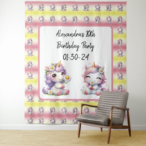 Unicorns and daisies childs birthday party tapestry