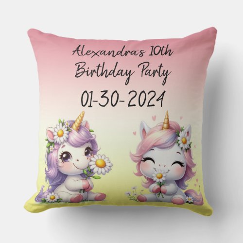 Unicorns and daisies childs birthday party throw pillow