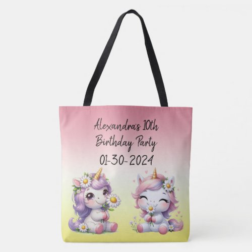 Unicorns and daisies childs birthday party tote bag