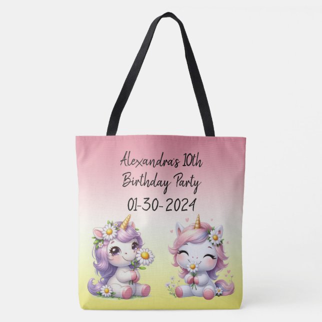 Unicorns and daisies, child's birthday party tote bag (Front)