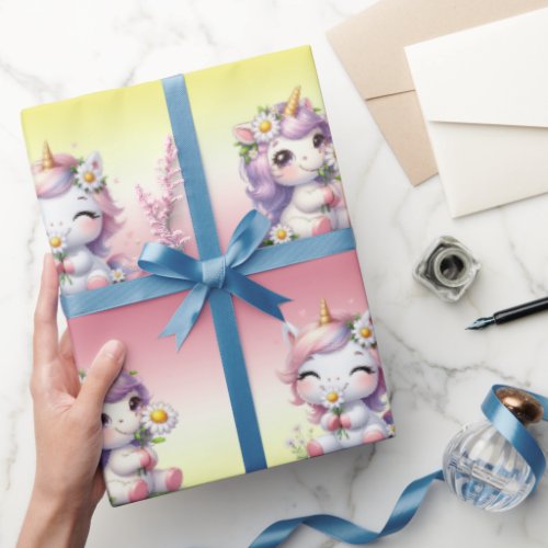 Unicorns and daisies childs birthday party wrapping paper