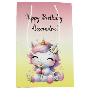 Unicorns and daisies, "Happy Birthday"  Medium Gift Bag