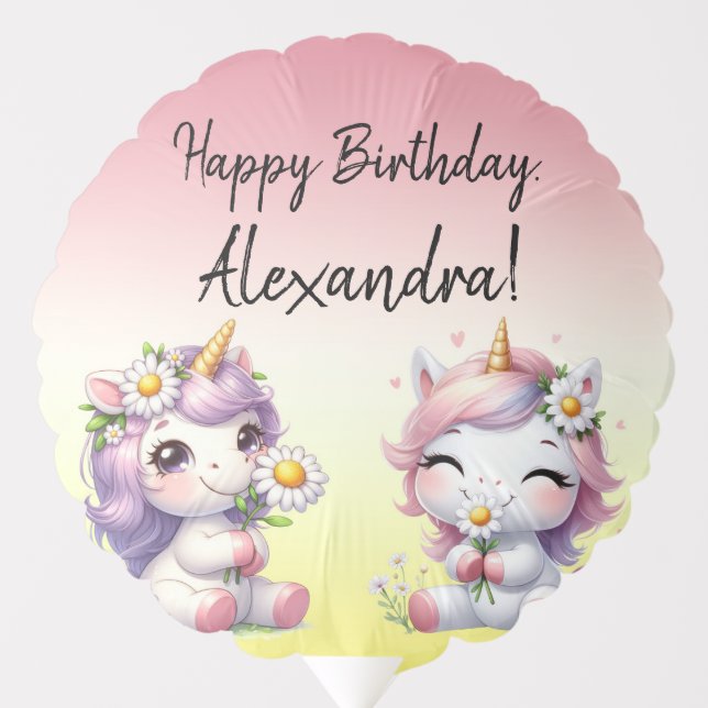 Unicorns and daisies, "Happy Birthday" party Balloon (Front)