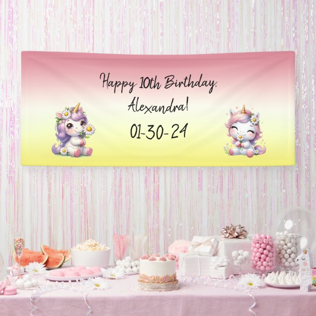 Unicorns and daisies, "Happy Birthday" party Banner (Party)