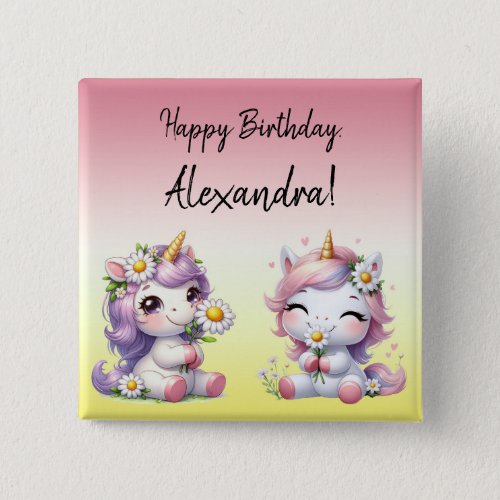 Unicorns and daisies Happy Birthday party Button
