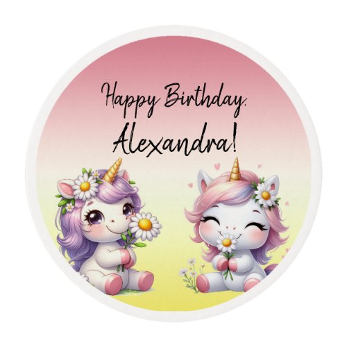 Unicorns and daisies Happy Birthday party Edible Frosting Rounds