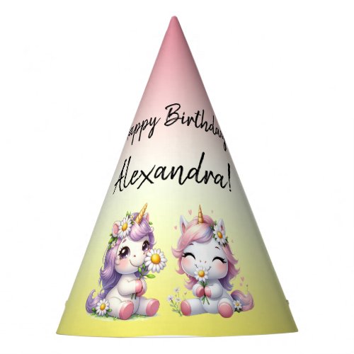 Unicorns and daisies Happy Birthday  Party Hat