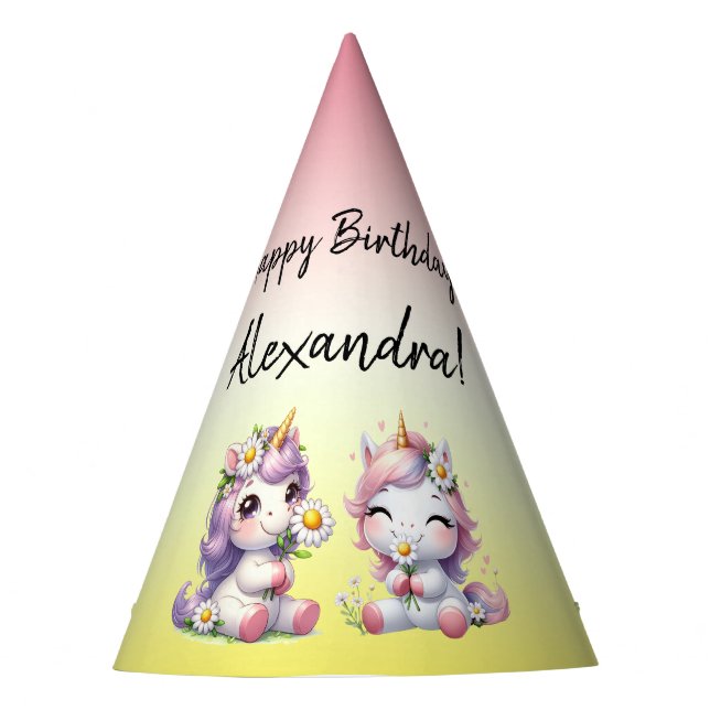 Unicorns and daisies, "Happy Birthday"  Party Hat (Front)
