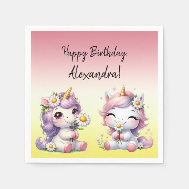 Unicorns and daisies, "Happy Birthday" party Napkins (Front)
