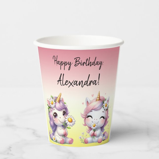 Unicorns and daisies, "Happy Birthday" party Paper Cups (Front)