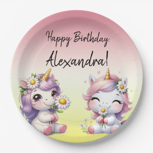 Unicorns and daisies Happy Birthday party Paper Plates