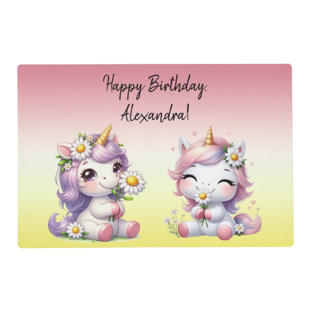 Unicorns and daisies, "Happy Birthday" party Placemat (Front)