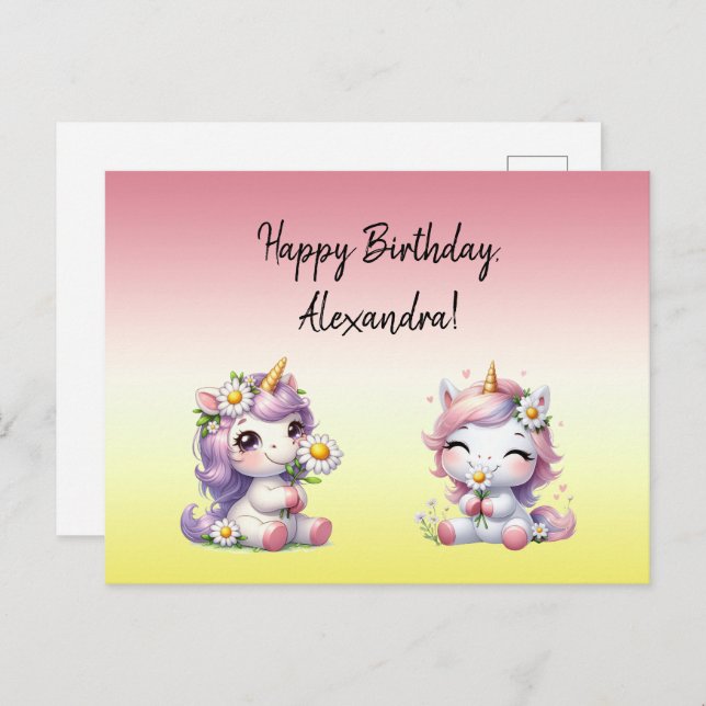 Unicorns and daisies, "Happy Birthday" Postcard (Front/Back)