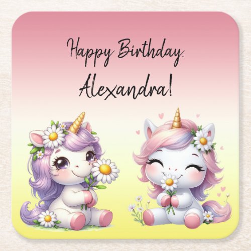 Unicorns and daisies Happy Birthday Square Paper Coaster