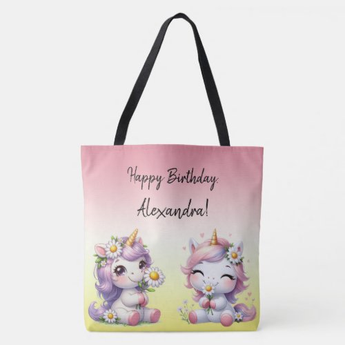 Unicorns and daisies Happy Birthday Tote Bag