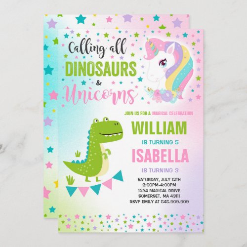 Unicorns And Dinosaurs Birthday Invitation Magical