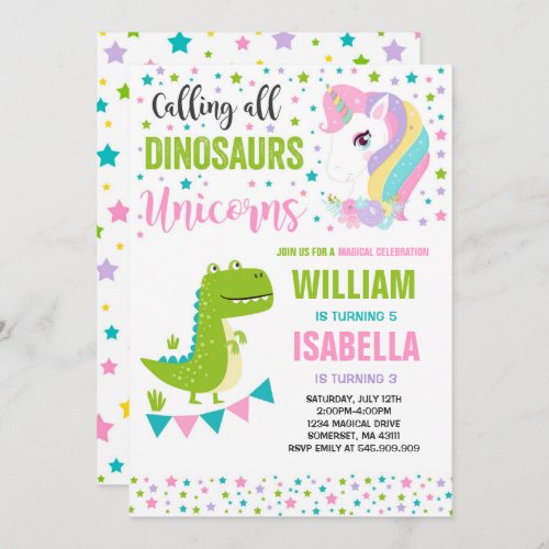 Unicorns And Dinosaurs Birthday Invitation Magical