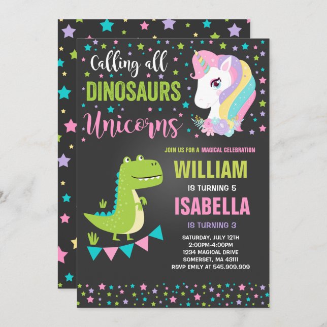 Unicorns And Dinosaurs Birthday Invitation Magical (Front/Back)