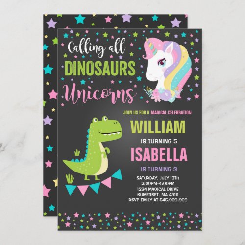 Unicorns And Dinosaurs Birthday Invitation Magical