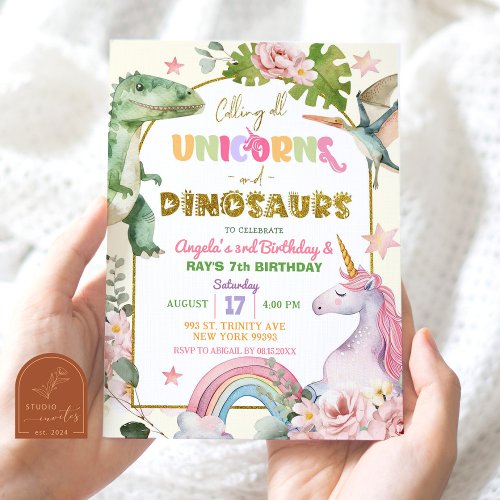 Unicorns and Dinosaurs Joint Sibling Birthday Invitation