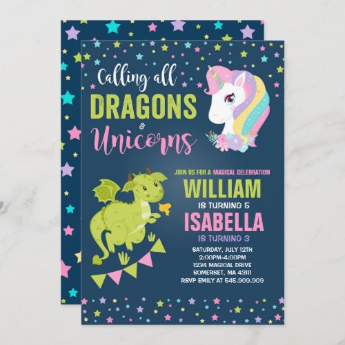 Unicorns And Dragons Birthday Invitation Magical