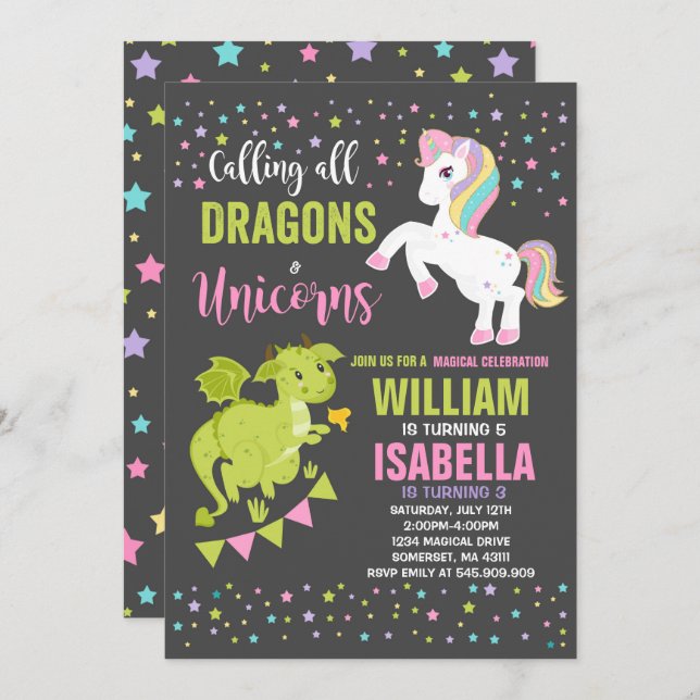 Unicorns And Dragons Birthday Invitation Magical (Front/Back)
