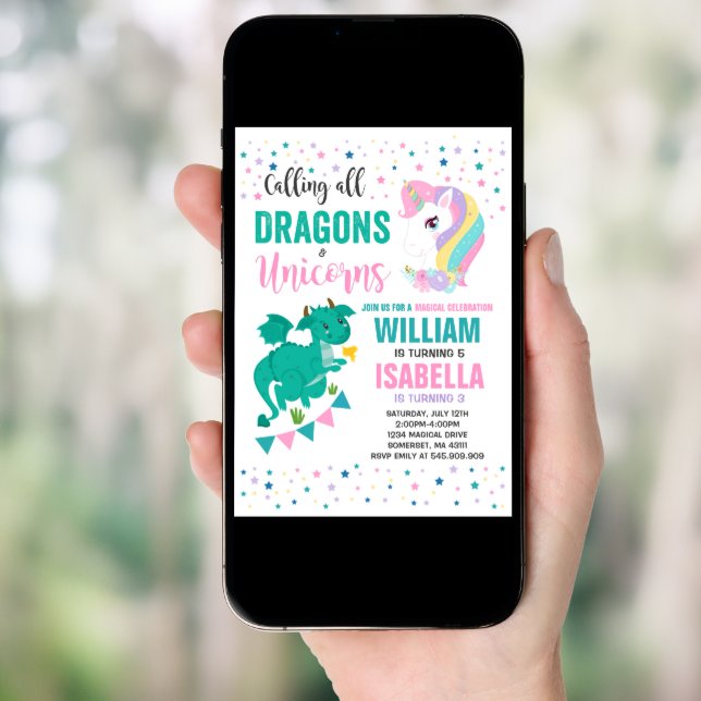 Unicorns And Dragons Birthday Invitation Magical (Front Digital)