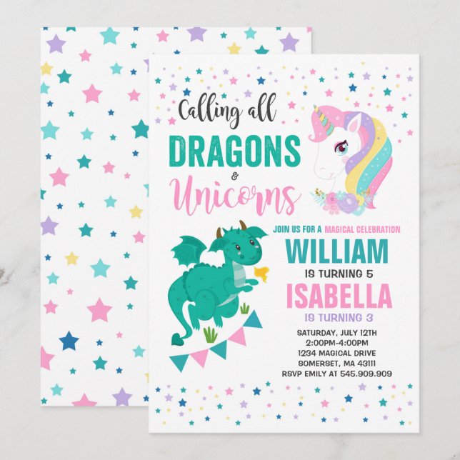 Unicorns And Dragons Birthday Invitation Magical (Front/Back)