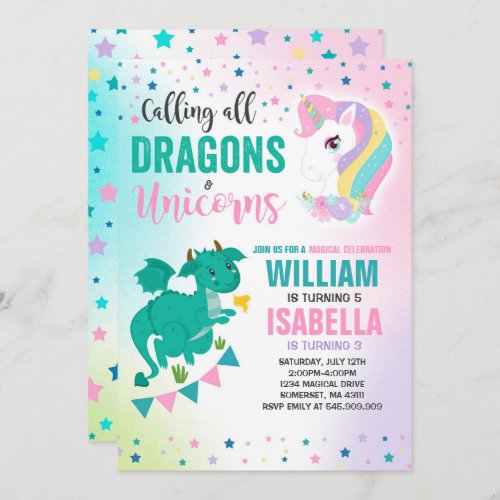Unicorns And Dragons Birthday Invitation Magical