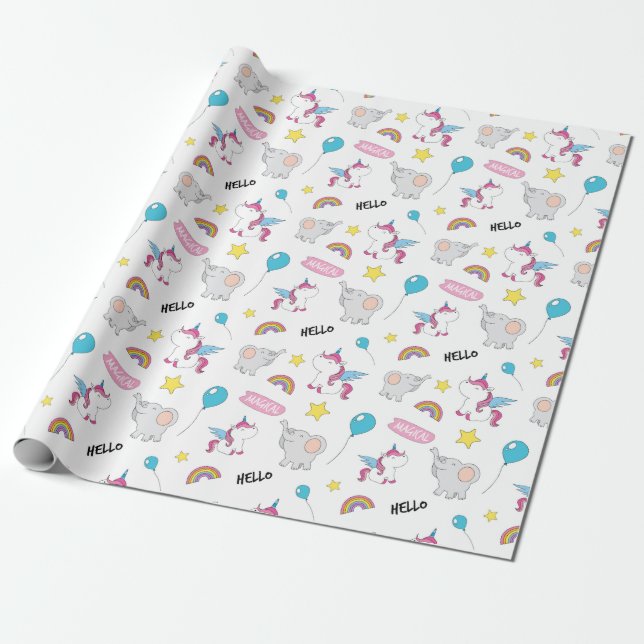 Unicorns And Elephants Wrapping Paper (Unrolled)